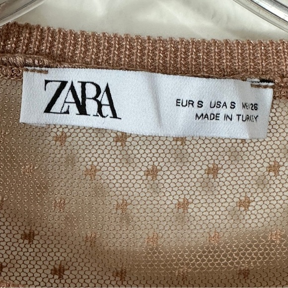 Zara Contrasting Ruffled Bell Sleeve Blush Nude Mesh Swiss Dot Top Blouse Small - Picture 14 of 15